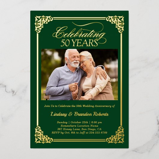 50周年結婚記念写真グリーンゴールド 箔招待状 (正面)