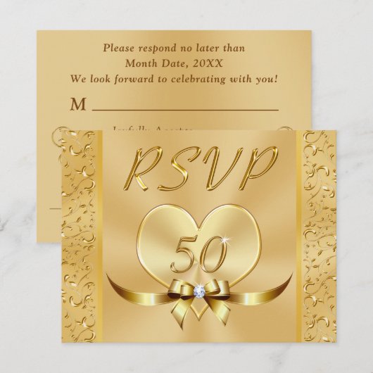 50周年結婚記念日のためのゴールドのRSVPカード 招待状 (正面/裏面)