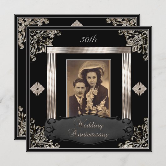 50周年結婚記念日のアートデコ ブラック セピア 招待状 (正面/裏面)