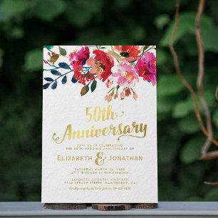 50周年結婚記念日のエレガントなゴールドフラワー 招待状