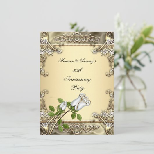 50周年結婚記念日のクリーム色とゴールドのローズ 招待状 (スタンド正面)