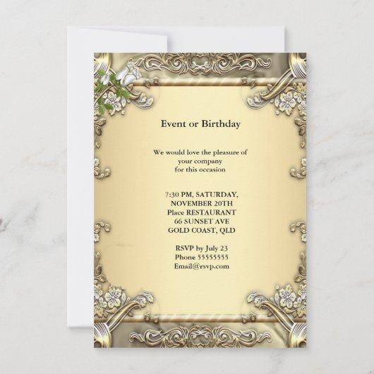 50周年結婚記念日のクリーム色とゴールドのローズ 招待状 (裏面)