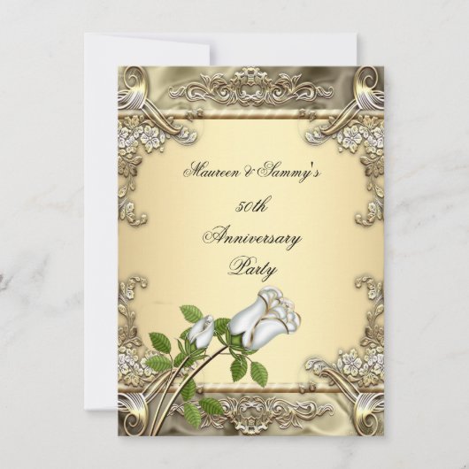 50周年結婚記念日のクリーム色とゴールドのローズ 招待状 (正面)