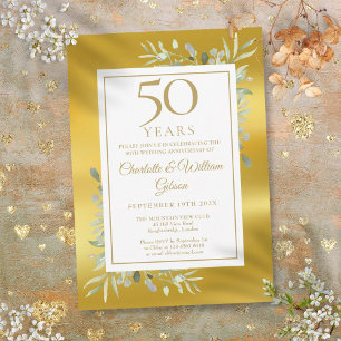 50周年結婚記念日のグリーンとゴールドの箔押し 招待状