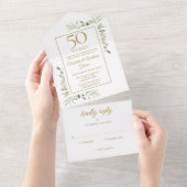 50周年結婚記念日のグリーン装飾モノグラム オールインワン招待状 (貼ってはがせる)