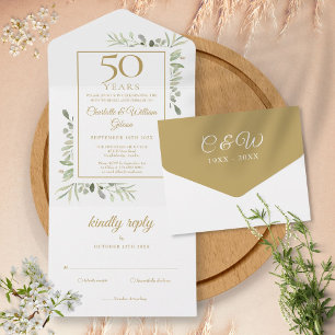 50周年結婚記念日のグリーン モノグラム オールインワン招待状