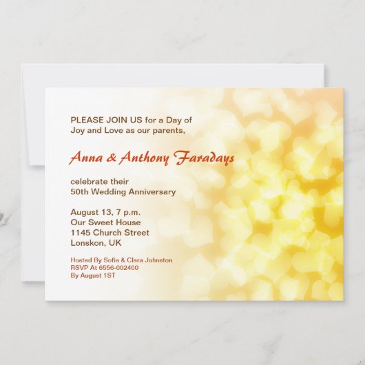 50周年結婚記念日のゴールデンハート招待状 招待状 (正面)