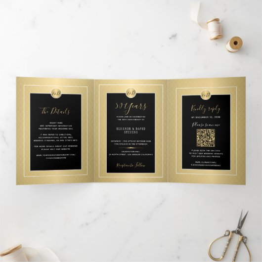 50周年結婚記念日のゴールドアニバーサリー写真QR RSVP 三つ折り案内状 (内部)