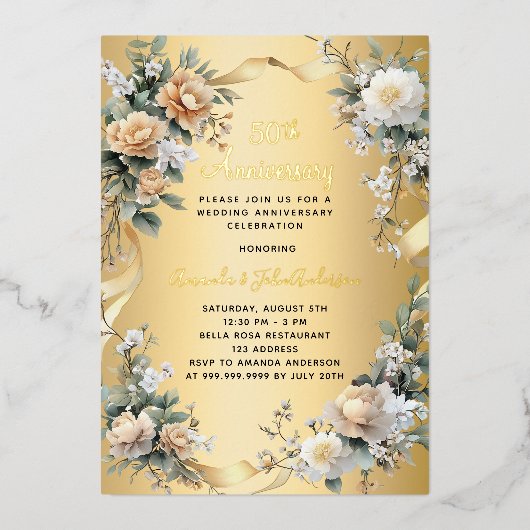 50周年結婚記念日のゴールドイエローの花 箔招待状 (正面)