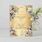 50周年結婚記念日のゴールドイエローの花 箔招待状 (立ち正面)