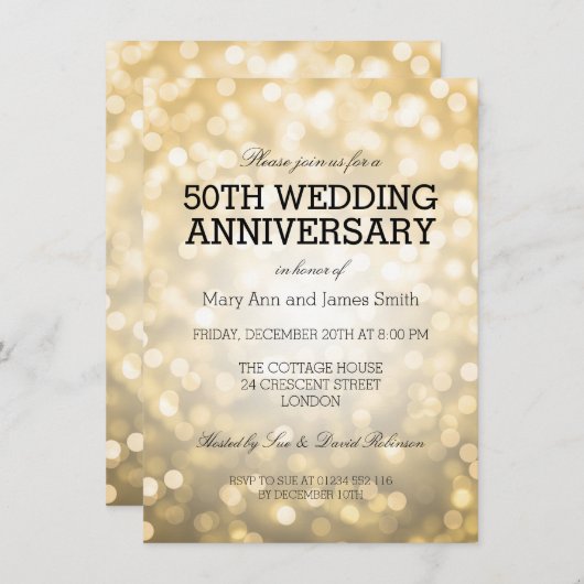 50周年結婚記念日のゴールドグリッターイルミネーション 招待状 (正面/裏面)