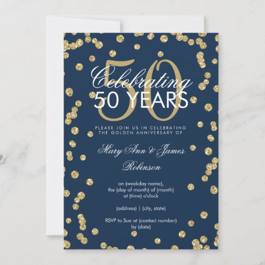 50周年結婚記念日のゴールドグリッターコンフェッティ ネイビー 招待状 (正面)