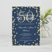 50周年結婚記念日のゴールドグリッターコンフェッティ ネイビー 招待状 (スタンド正面)