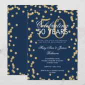 50周年結婚記念日のゴールドグリッターコンフェッティ ネイビー 招待状 (正面/裏面)