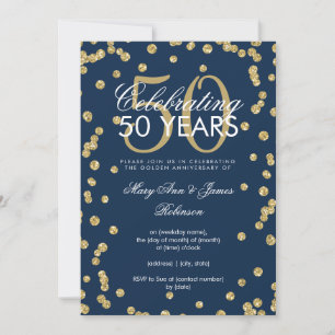 50周年結婚記念日のゴールドグリッターコンフェッティ ネイビー 招待状