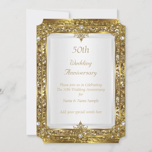 50周年結婚記念日のゴールドグリッター ホワイトパール 招待状 (正面)