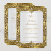 50周年結婚記念日のゴールドグリッター ホワイトパール 招待状 (正面/裏面)