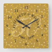 50周年結婚記念日のゴールドハートのコンフェッティ スクエア壁時計 (正面)