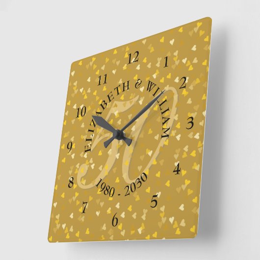 50周年結婚記念日のゴールドハートのコンフェッティ スクエア壁時計 (傾斜)