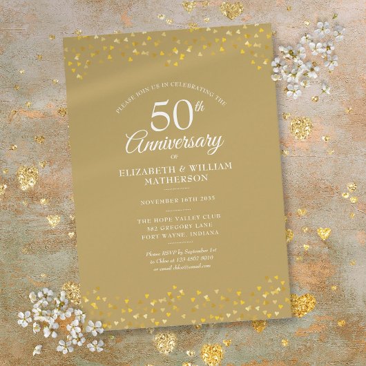 50周年結婚記念日のゴールドハートのコンフェッティ 招待状