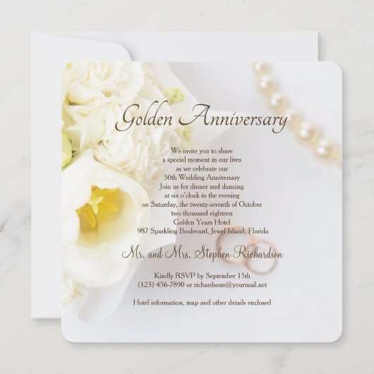 50周年結婚記念日のゴールドハートのロケットフレーム 招待状 (裏面)