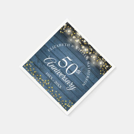 50周年結婚記念日のゴールドハートブルー・ラスティック スタンダードカクテルナプキン (角)