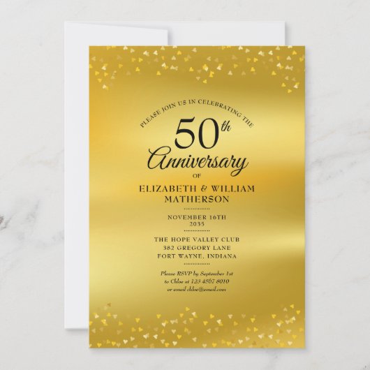 50周年結婚記念日のゴールドハート箔 招待状 (正面)