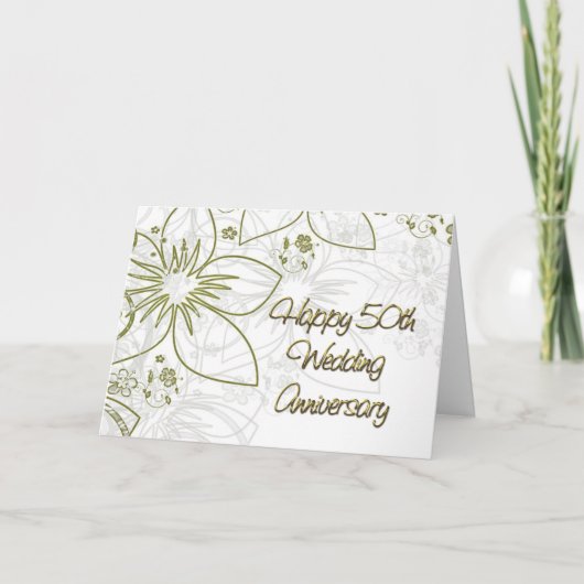 50周年結婚記念日のゴールドフラワーとスワール カード (正面)