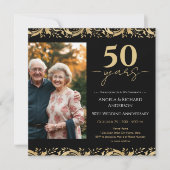50周年結婚記念日のゴールドブラック写真 招待状 (正面)