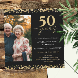 50周年結婚記念日のゴールドブラック写真 招待状