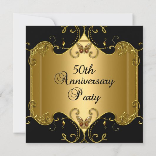 50周年結婚記念日のゴールドブラック蝶 招待状 (正面)