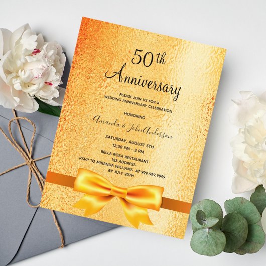 50周年結婚記念日のゴールドメタリック招待状 ポストカード
