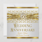 50周年結婚記念日のゴールドリング 花柄ホワイト 招待状 (正面)