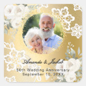 50周年結婚記念日のゴールド写真フラワーズ スクエアシール (正面)