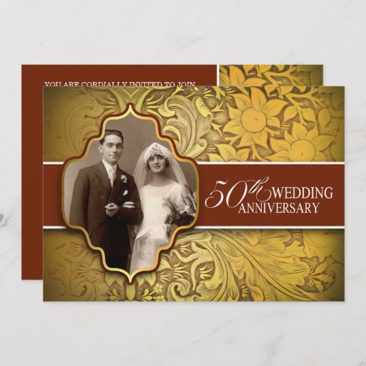 50周年結婚記念日のゴールド写真招待状 招待状 (正面/裏面)