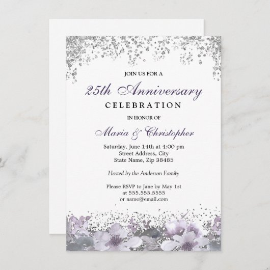 50周年結婚記念日のシルバーグリッター招待状 招待状 (正面/裏面)