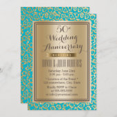 50周年結婚記念日のターコイズ&ゴールドのヒョウ柄 招待状 (正面/裏面)
