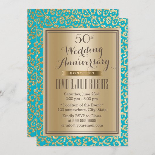 50周年結婚記念日のターコイズ&ゴールドのヒョウ柄 招待状 (正面/裏面)