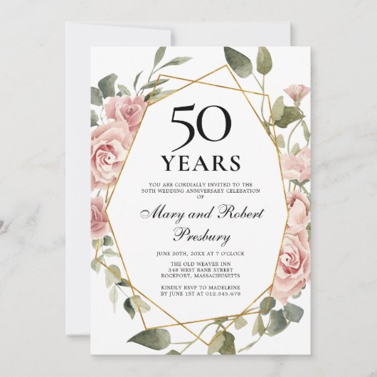 50周年結婚記念日のピンクのバラの花束 招待状 (正面)