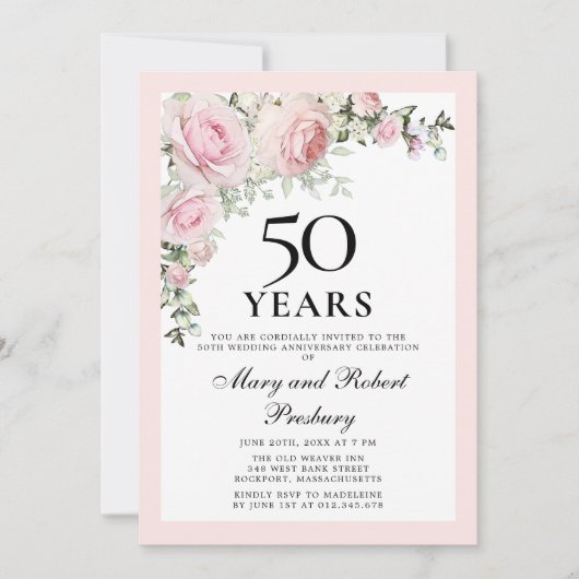50周年結婚記念日のピンクのバラの花 招待状 (正面)