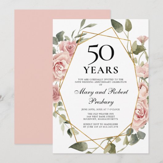 50周年結婚記念日のピンクのバラの花 招待状 (正面/裏面)