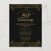 50周年結婚記念日のブラックゴールドハート インビテーションポストカード (正面)