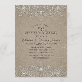 50周年結婚記念日のラスティックな麻とレース 招待状
