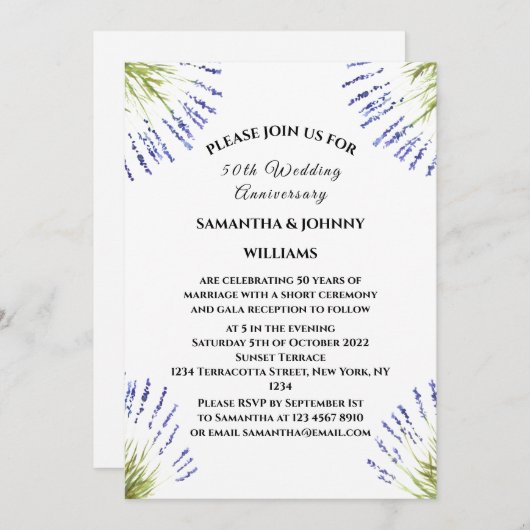 50周年結婚記念日のラベンダー花の農村風 招待状 (正面/裏面)