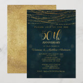 50周年結婚記念日の偽の金色青の招待状 招待状 (正面/裏面)
