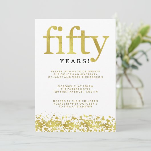 50周年結婚記念日の偽金色のコンフェッティ 招待状 (スタンド正面)