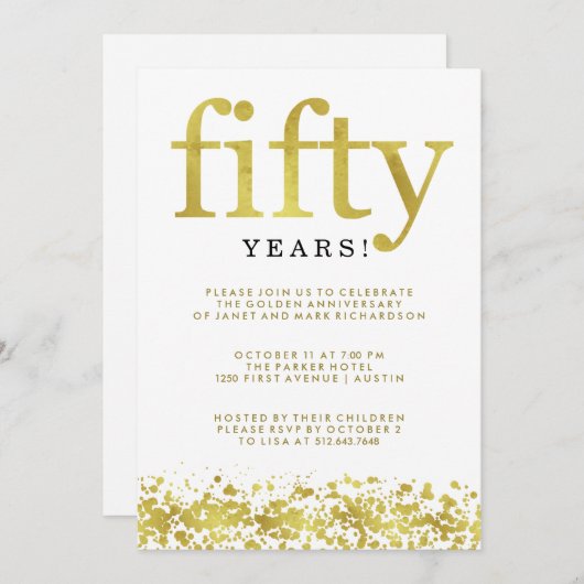 50周年結婚記念日の偽金色のコンフェッティ 招待状 (正面/裏面)