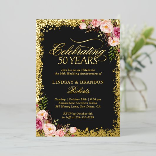 50周年結婚記念日の写真 ゴールドグリッター 箔招待状 (立ち正面)