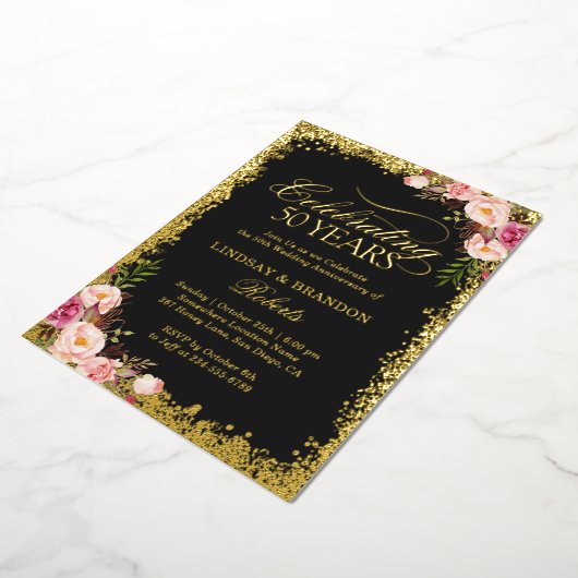 50周年結婚記念日の写真 ゴールドグリッター 箔招待状 (回転した状態)