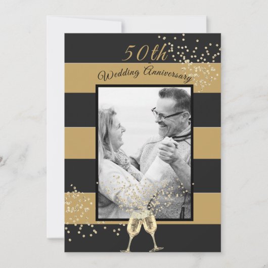 50周年結婚記念日の写真 黒金 エレガント 招待状 (正面)